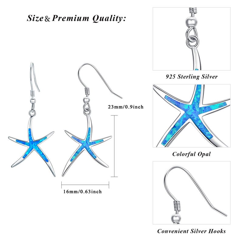 Cuoka Starfish Earrings, 925 Sterling Silver with Blue Opal Fish Hoops Earings, Nautical Hawaiian Sea Beach Earrings, Starfish Jewelry for Women Starfish Lovers - Image 3